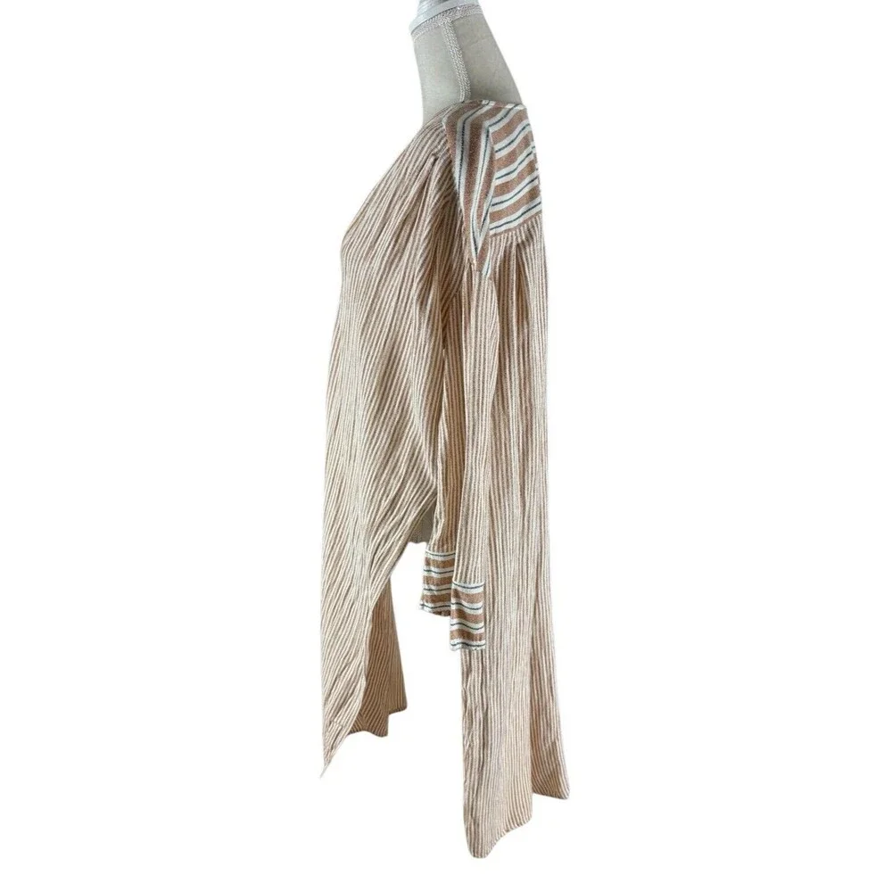 Free People Cotton Linen Blend Cardigan Duster Women's XS Brown White Stripes